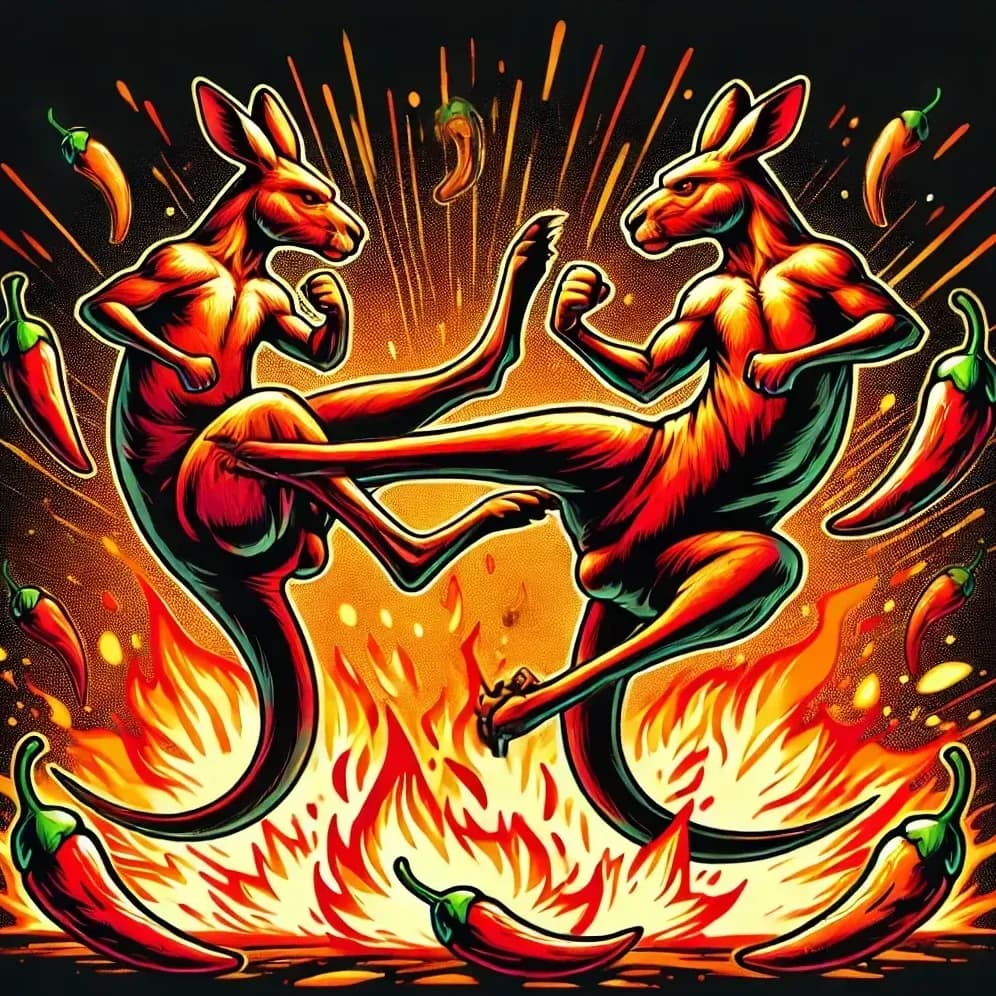 Two muscular kangaroos engaged in a dynamic kicking pose surrounded by flames and chili peppers, symbolizing the intense heat of Kangaroo Kick Hot Sauce. The background features vibrant, fiery colors enhancing the spicy theme.