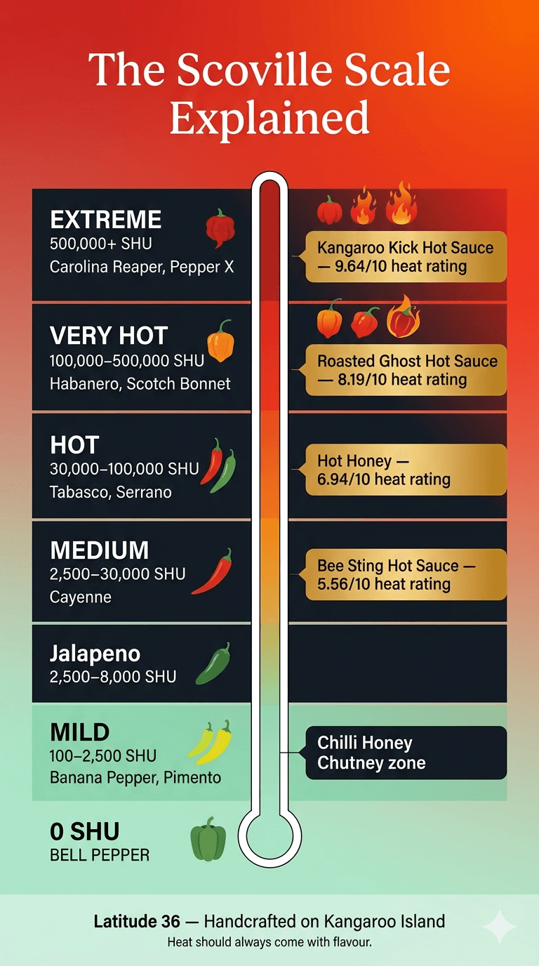The Scoville Scale Explained - infographic showing heat levels from mild (0 SHU bell pepper) to extreme (500,000+ SHU Carolina Reaper) with Latitude 36 hot sauce products mapped to each tier