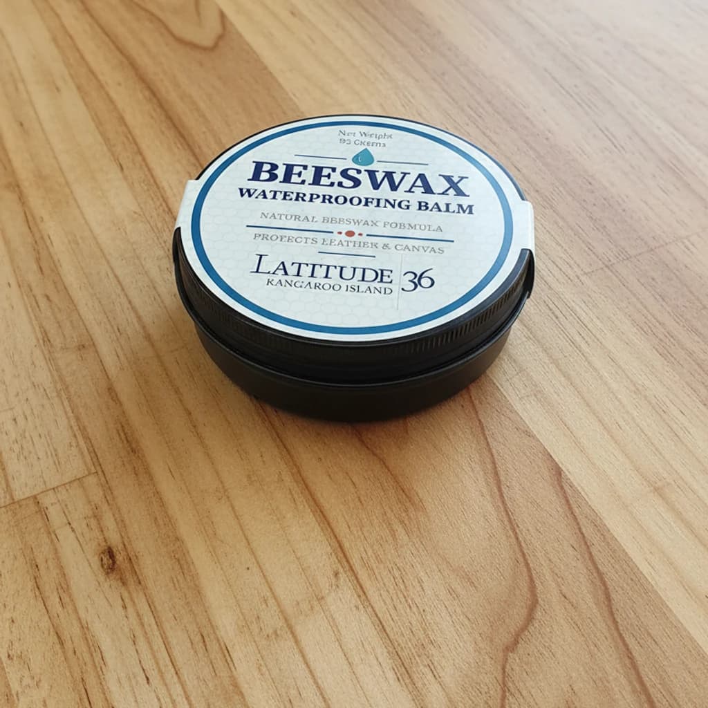 Round tin of Beeswax Waterproofing Balm on a wooden surface. The label reads "Natural Beeswax Formula," "Protects Leather & Canvas," and "Latitude 36 Kangaroo Island."